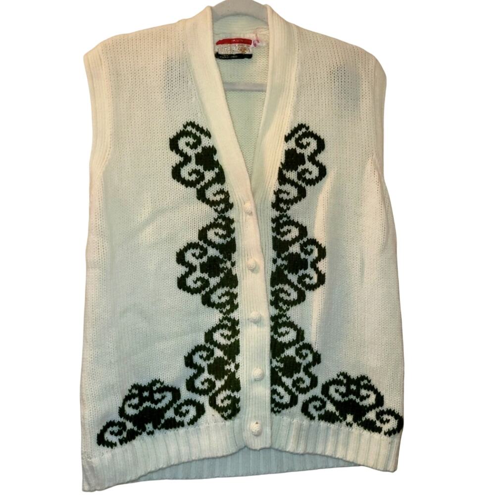 Vintage 70s Womens Knit Embroidered Sweater Vest Retro L Boho Grandmacore